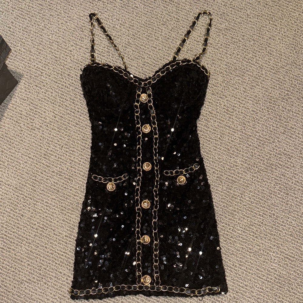 Elegant Black Sequin Dress with Gold Accents XS